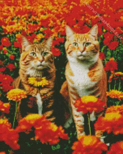 Tabby Cats With Orange Flowers Diamond Painting