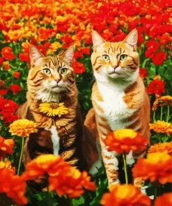 Tabby Cats With Orange Flowers Diamond Painting