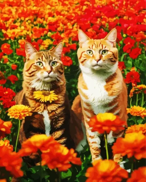 Tabby Cats With Orange Flowers Diamond Painting