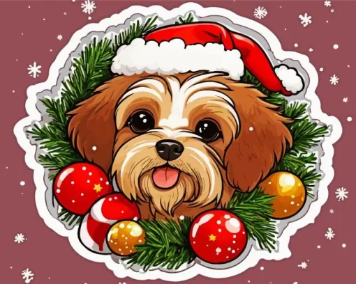 Tibetan Terrier Wearing Santa Hat Diamond Painting