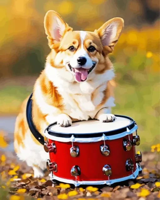 Welsh Corgi Playing A Drum Diamond Painting