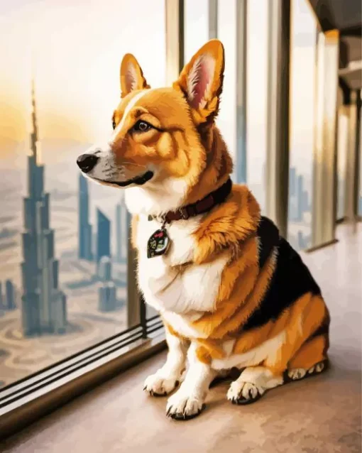 Welsh Corgi With Burj Khalifa Diamond Painting