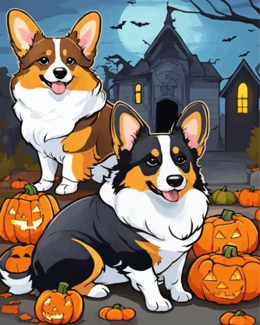 Welsh Corgi With Halloween Pumpkins Diamond Painting