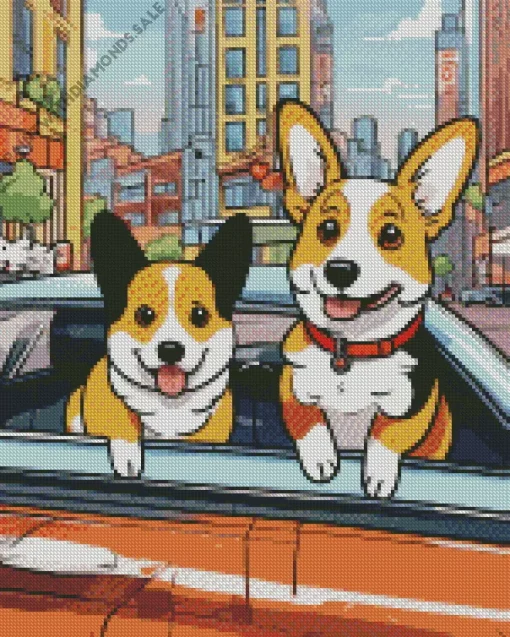 Welsh Corgis In A Car Diamond Painting