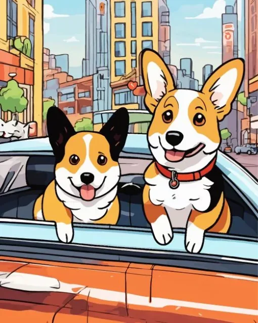 Welsh Corgis In A Car Diamond Painting