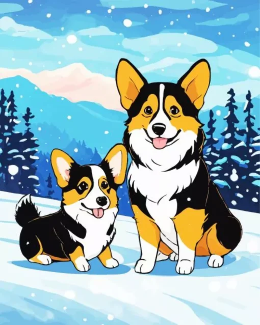 Welsh Corgis In Snow Diamond Painting