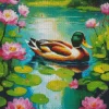 Wood Duck And Pink Flowers Diamond Painting