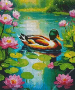 Wood Duck And Pink Flowers Diamond Painting