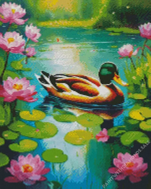 Wood Duck And Pink Flowers Diamond Painting