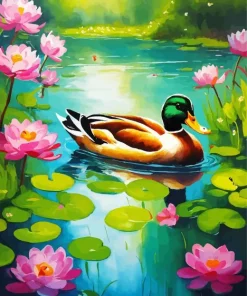 Wood Duck And Pink Flowers Diamond Painting