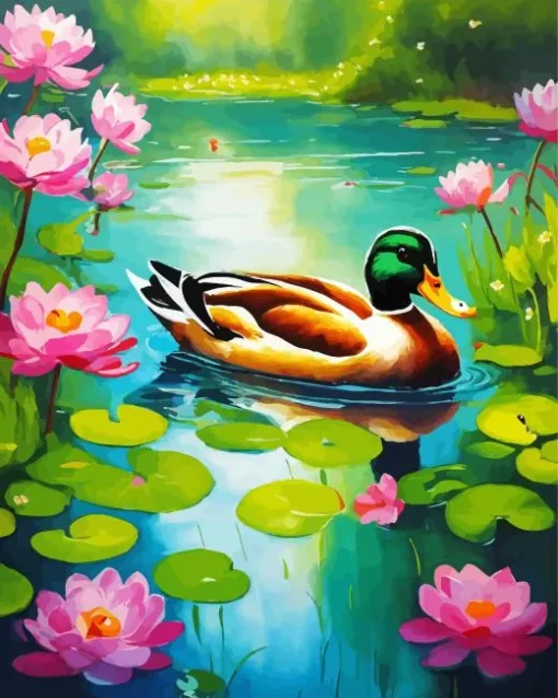 Wood Duck And Pink Flowers Diamond Painting