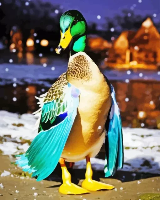 Wood Duck With Snow Falling Diamond Painting