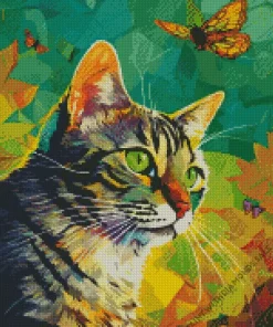 Abstract Tabby Cat With Butterflies Diamond Painting