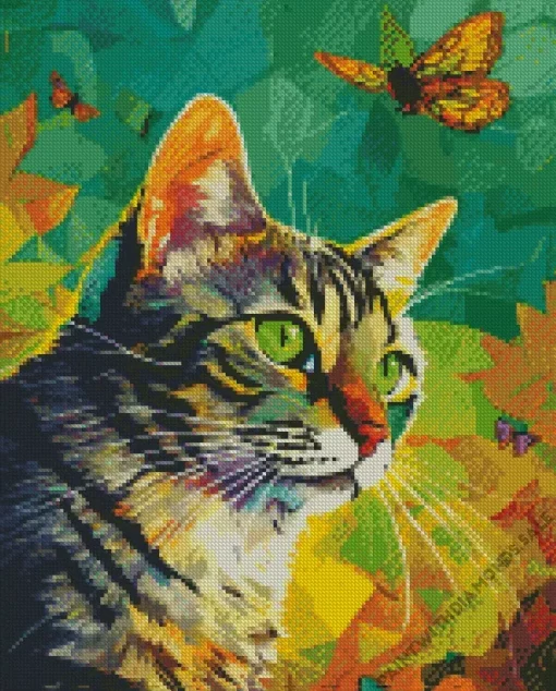 Abstract Tabby Cat With Butterflies Diamond Painting