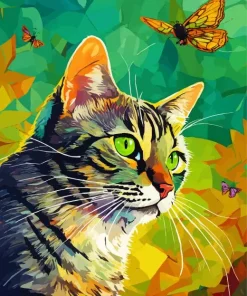 Abstract Tabby Cat With Butterflies Diamond Painting