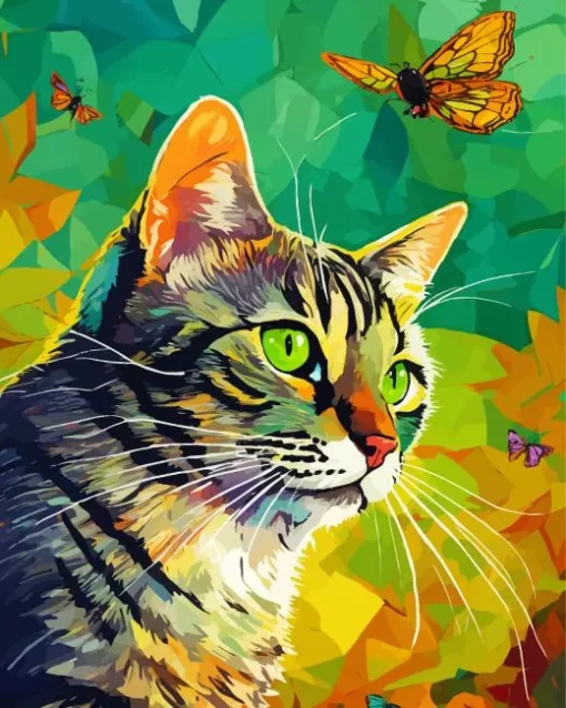 Abstract Tabby Cat With Butterflies Diamond Painting