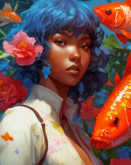 Afro Girl With Koi Fish Diamond Painting