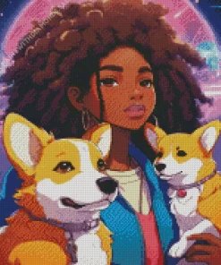 Afro Girl With Welsh Corgis Diamond Painting