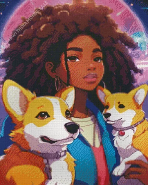 Afro Girl With Welsh Corgis Diamond Painting