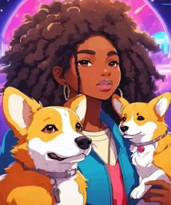 Afro Girl With Welsh Corgis Diamond Painting