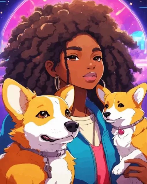 Afro Girl With Welsh Corgis Diamond Painting