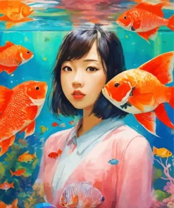 Asian Girl With Koi Fish Diamond Painting