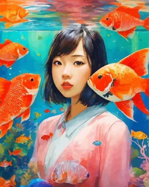 Asian Girl With Koi Fish Diamond Painting