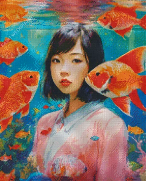 Asian Girl With Koi Fish Diamond Painting