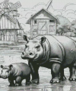 Black And White Rhinos Diamond Painting