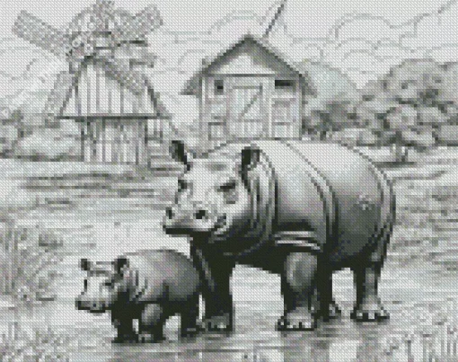 Black And White Rhinos Diamond Painting