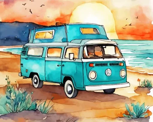 Blue Camper Van Diamond Painting