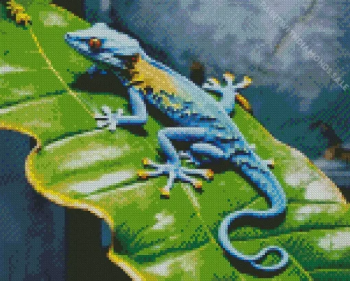 Blue Chameleon On A Green Leaf Diamond Painting