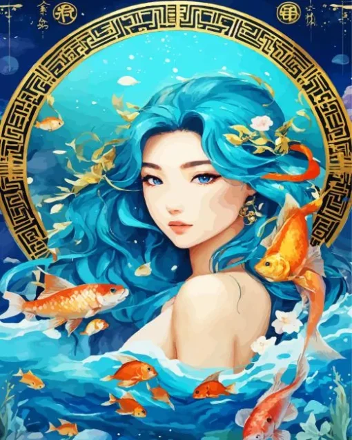 Blue Mermaid With Koi Fish Diamond Painting