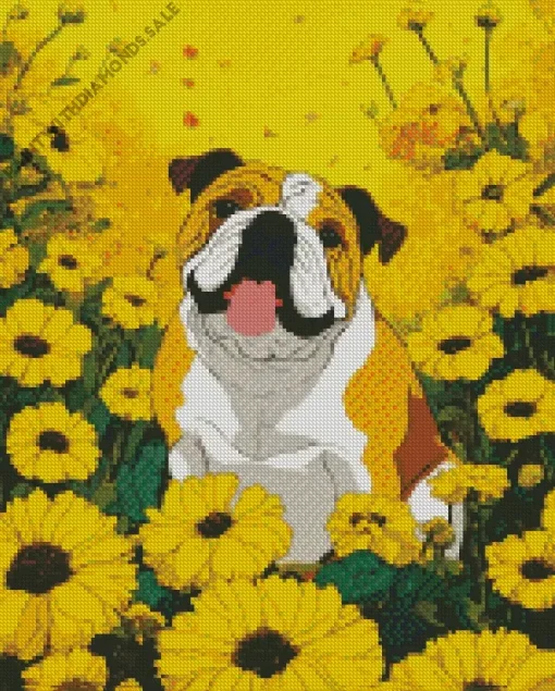 Bulldog In Sunflowers Diamond Painting