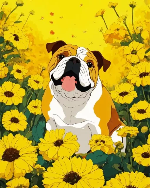 Bulldog In Sunflowers Diamond Painting