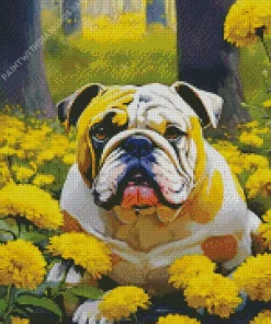 Bulldog In Yellow Flowers Diamond Painting