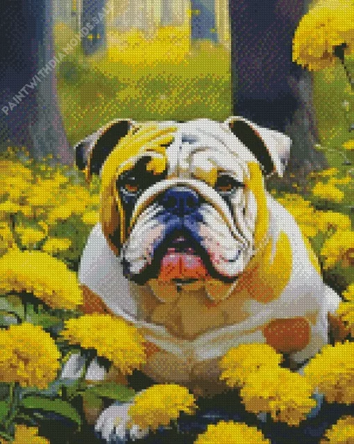 Bulldog In Yellow Flowers Diamond Painting