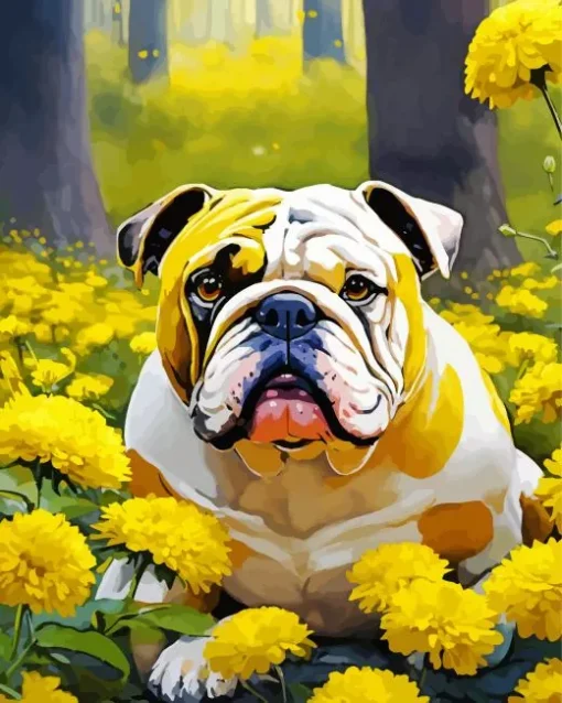 Bulldog In Yellow Flowers Diamond Painting