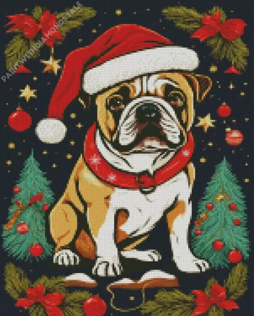 Bulldog With Santa Hat Diamond Painting