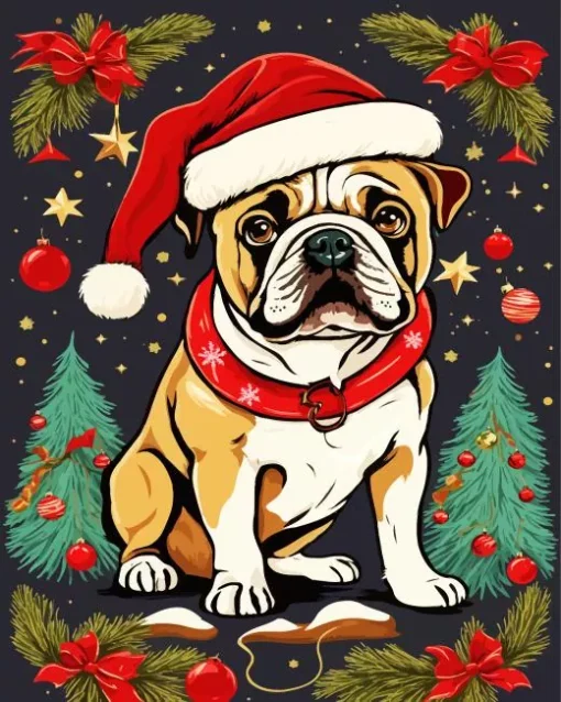 Bulldog With Santa Hat Diamond Painting