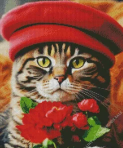 Cute Tabby Cat With Red Hat Diamond Painting