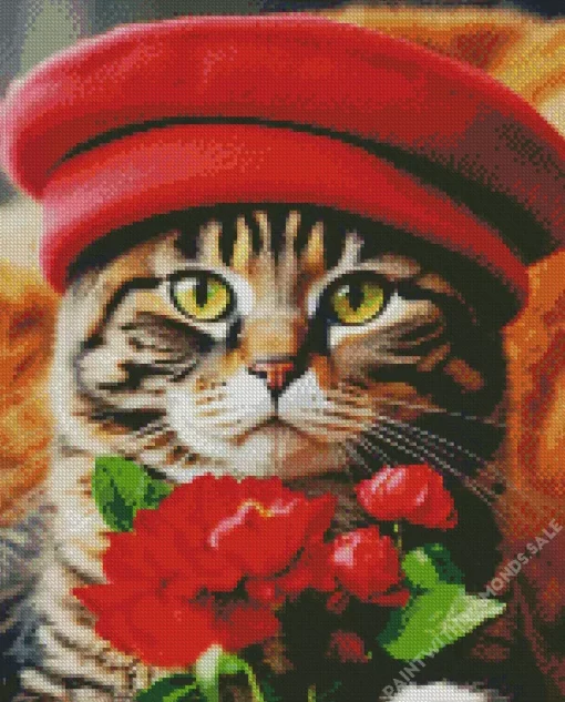 Cute Tabby Cat With Red Hat Diamond Painting