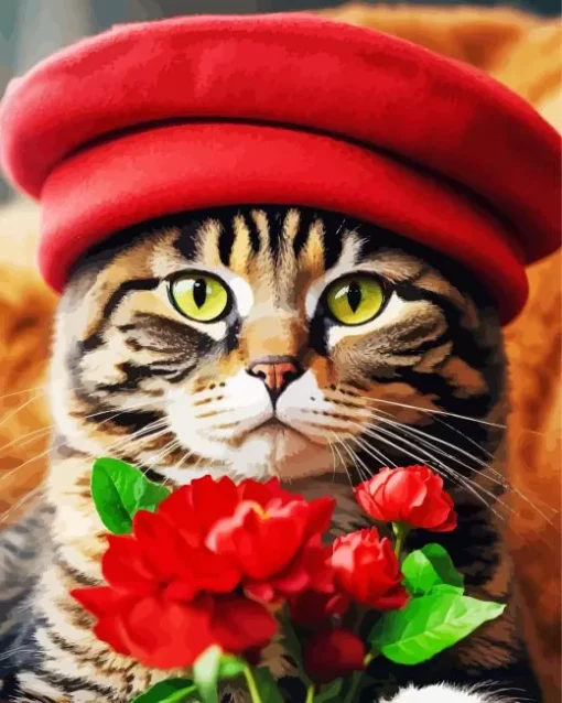 Cute Tabby Cat With Red Hat Diamond Painting