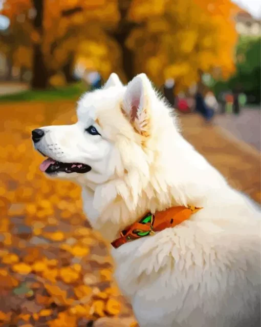 Japanese Spitz In Autumn Leaves Diamond Painting