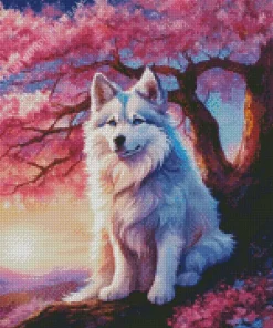 Japanese Spitz With Cherry Blossom Diamond Painting