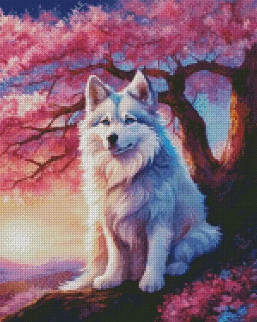 Japanese Spitz With Cherry Blossom Diamond Painting