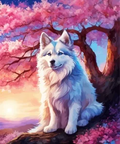 Japanese Spitz With Cherry Blossom Diamond Painting