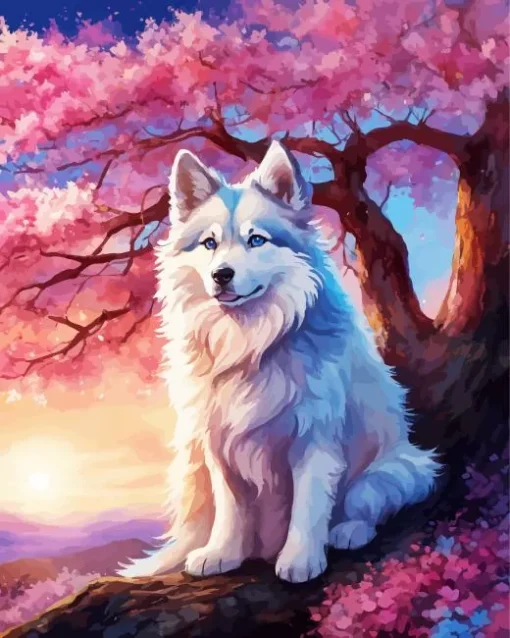 Japanese Spitz With Cherry Blossom Diamond Painting