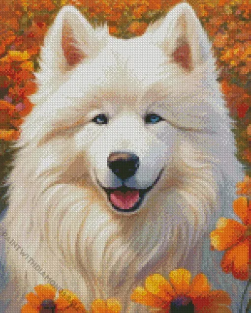 Japanese Spitz With Orange Flowers Diamond Painting