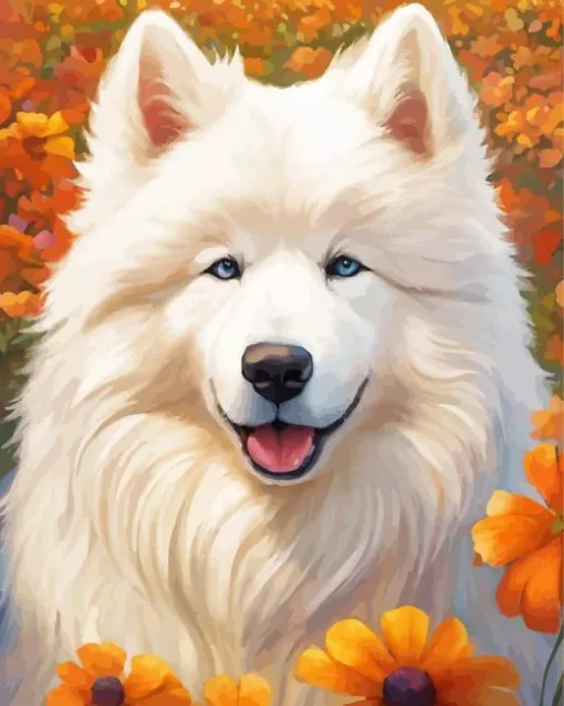 Japanese Spitz With Orange Flowers Diamond Painting